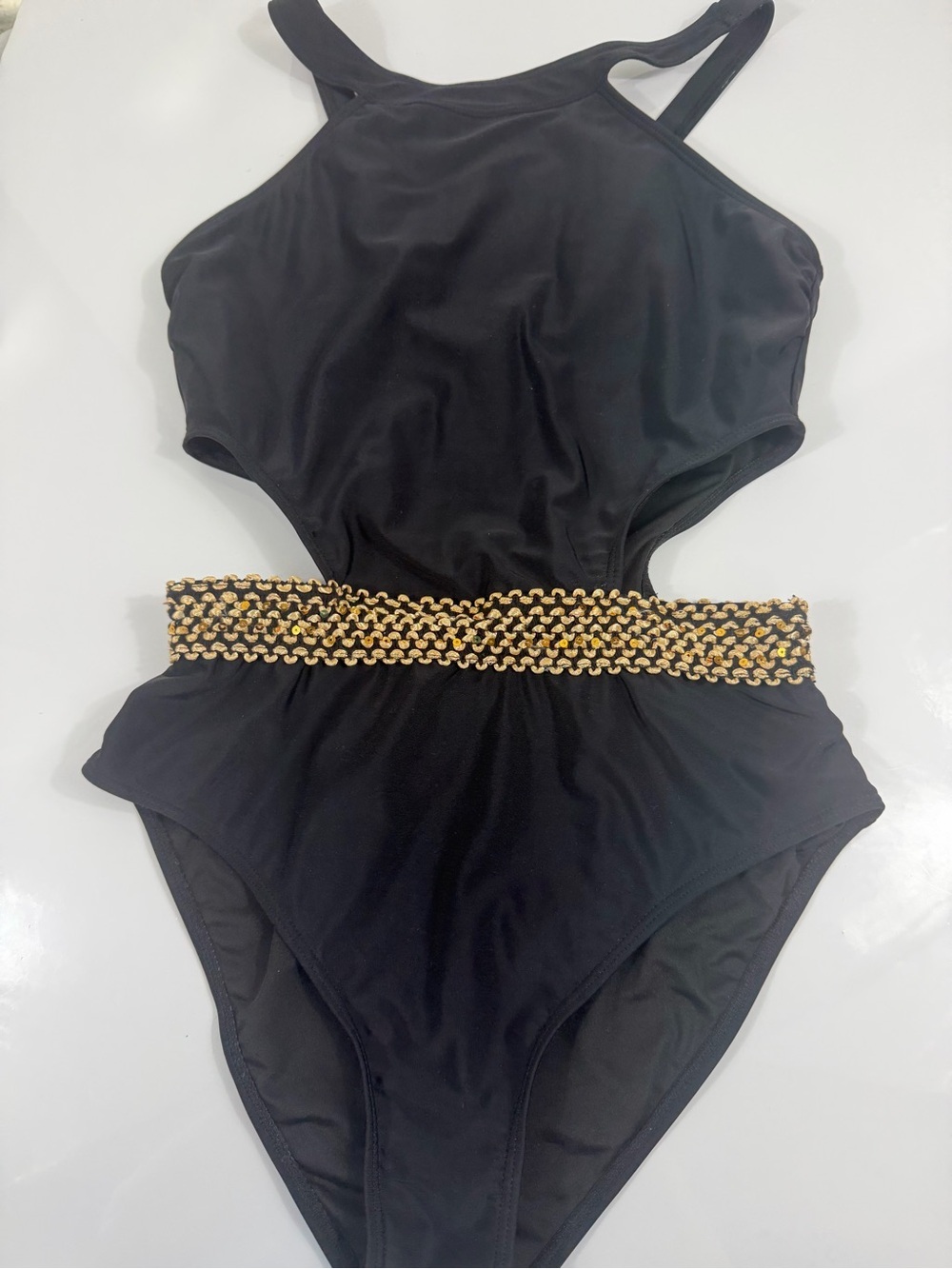 Shell by Hollywood London Black One-Piece Swimsuit Gold Sequin Waist Size Small - Picture 3 of 9